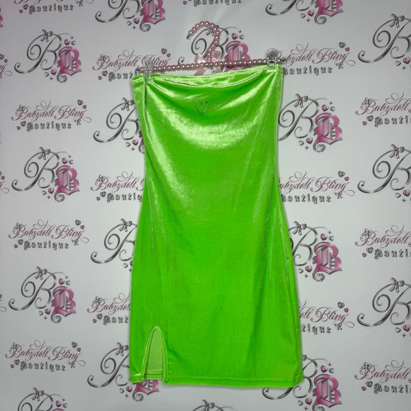 Dress heart bling rhinestone lime πβπ©green velvet velour soft leg slit strapless - Picture 3 of 12
